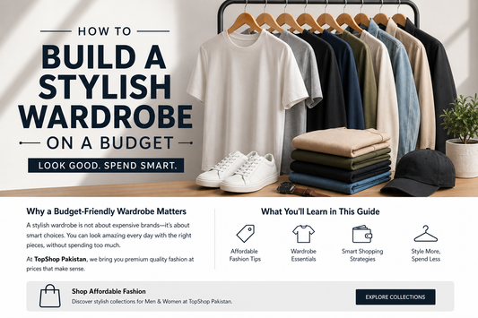 Affordable wardrobe essentials neatly displayed with stylish men's clothing, shoes, and accessories for building a fashionable wardrobe on a budget in Pakistan.