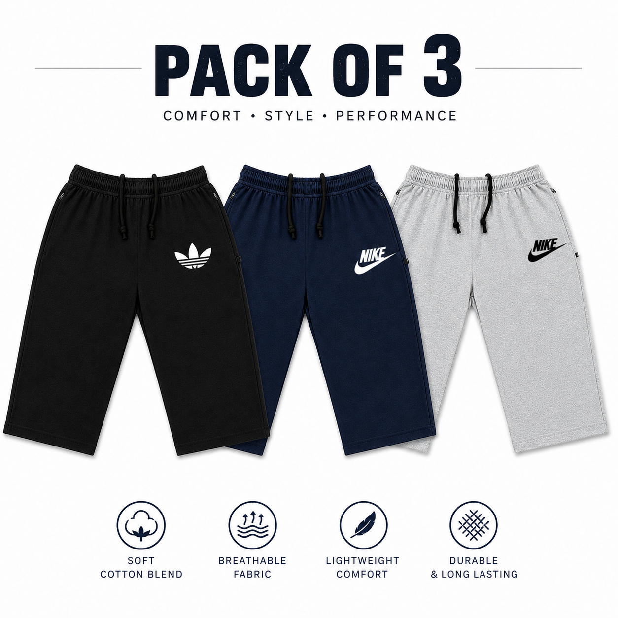 Pack of 3 Men Shorts Cotton with Zipper Pockets – Casual Gym & Daily Wear Pakistan