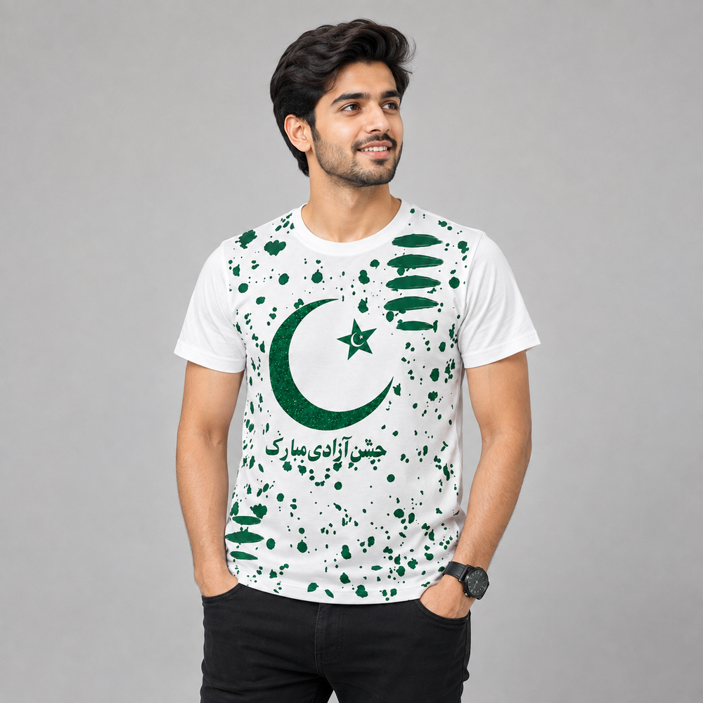 Men's 14th August Pakistan Independence Day Graphic T-Shirt – Green & White Half Sleeve