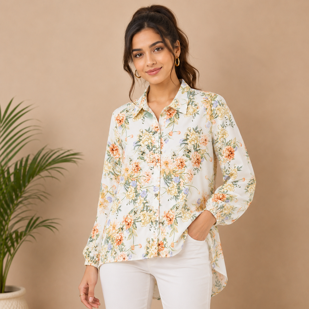 Women’s White Floral Printed Long Shirt – Full Sleeve Casual Wear