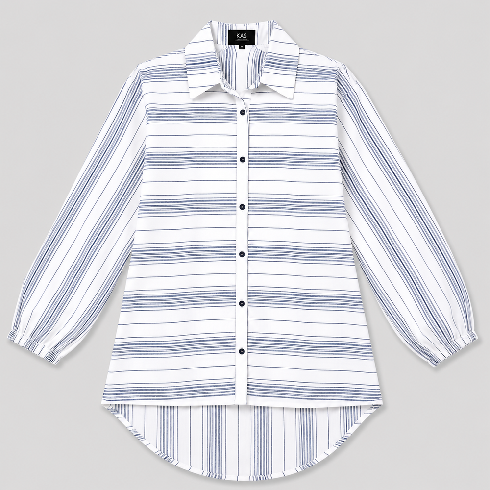 Women’s White & Blue Striped Long Shirt – Full Sleeve Button Down