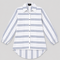 Women’s White & Blue Striped Long Shirt – Full Sleeve Button Down