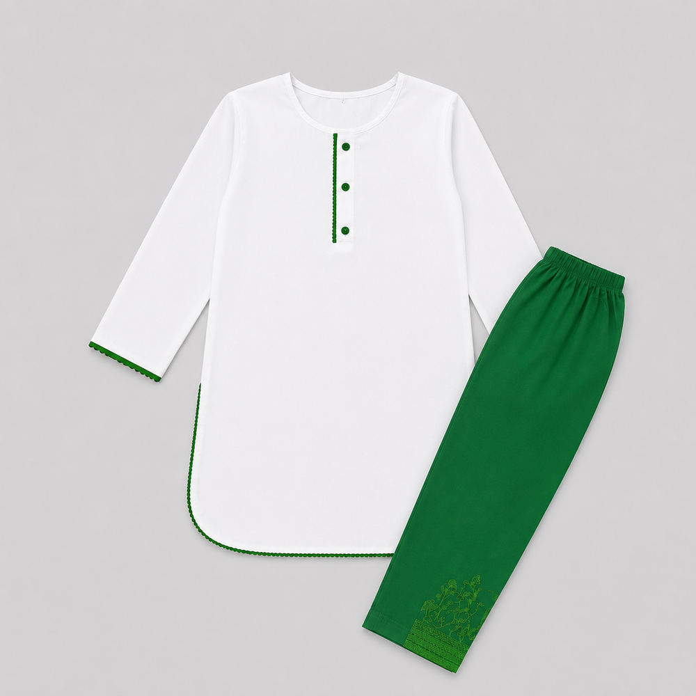 Women's White & Green Kurta Trouser Set – Elegant 2 Piece Casual Ethnic Suit