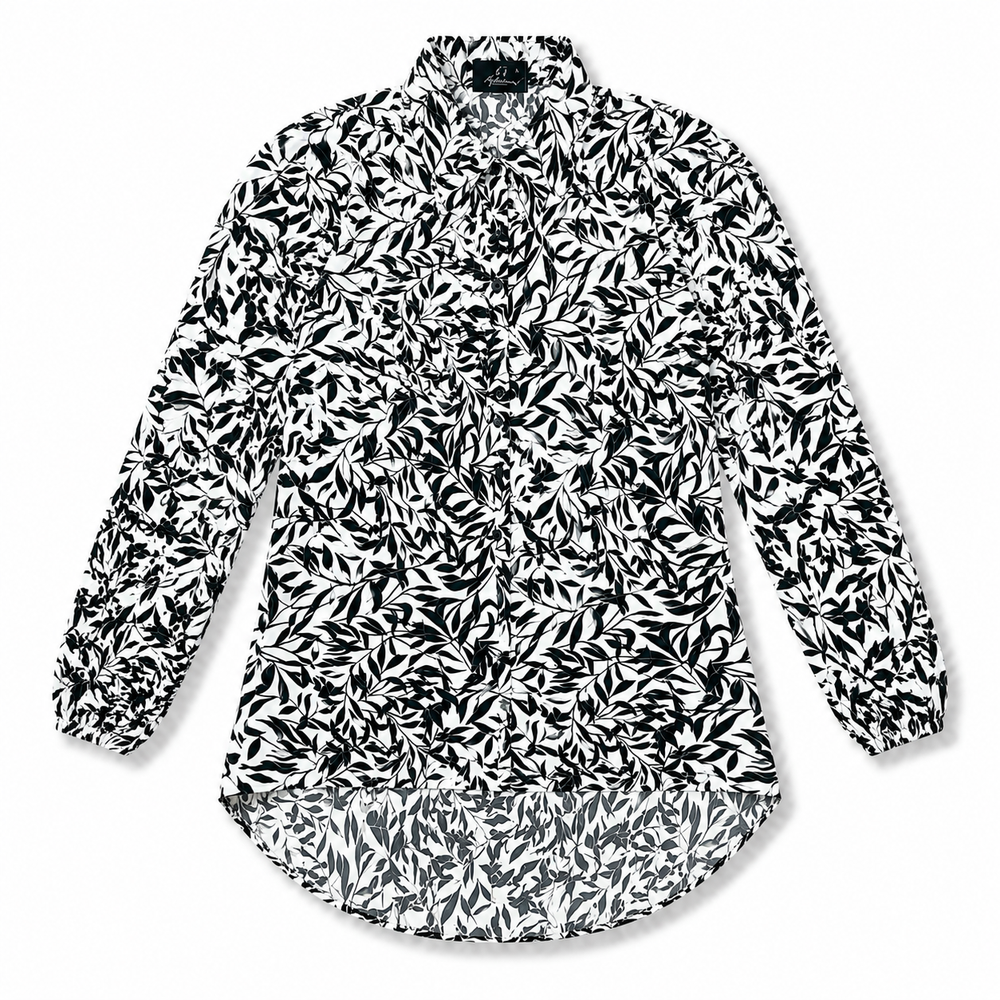 Women’s Black & White Leaf Printed Long Shirt – Full Sleeve