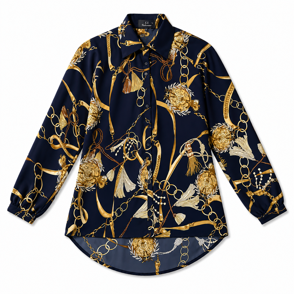 Women’s Navy Blue Chain Print Long Shirt – Full Sleeve