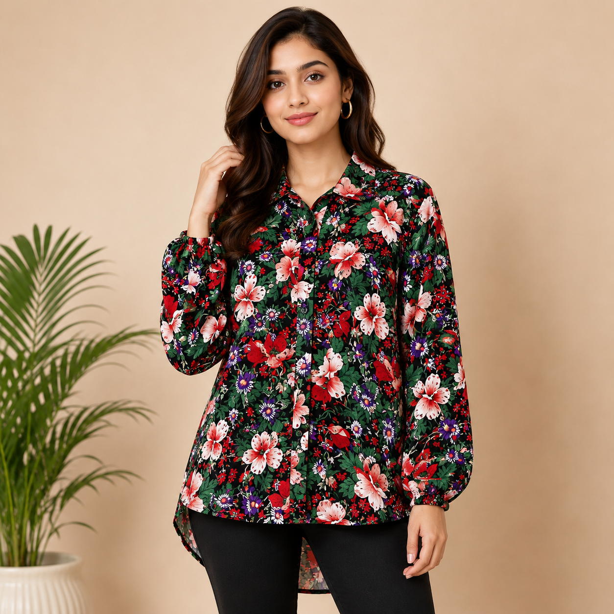 Women’s Floral Printed Long Shirt – Full Sleeve Casual Wear