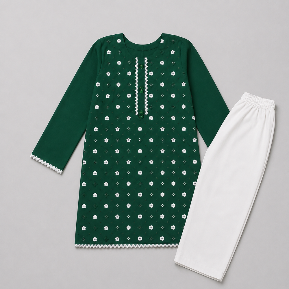 Women's Dark Green Printed Kameez Set with White Trouser – Soft & Comfortable
