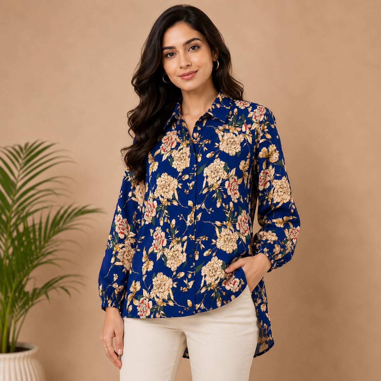 Women’s Royal Blue Floral Printed Long Shirt – Full Sleeve