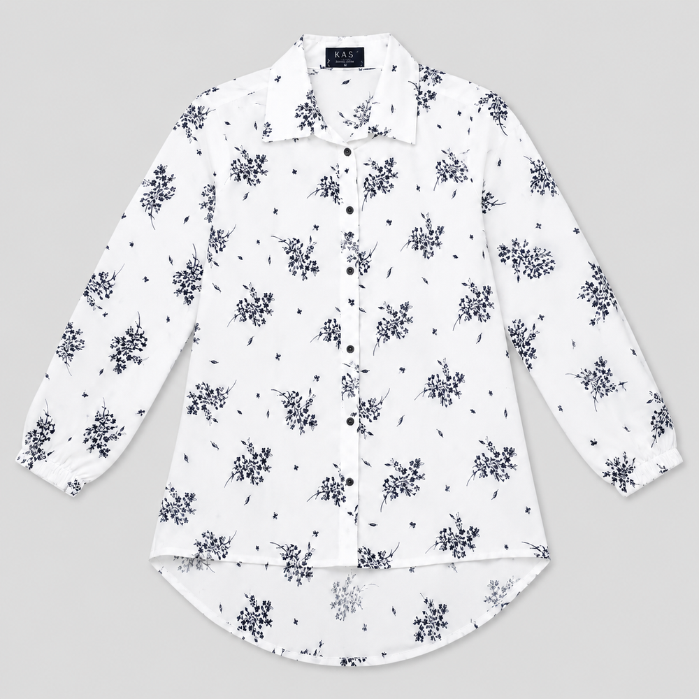 Women’s White & Navy Floral Printed Long Shirt – Full Sleeve