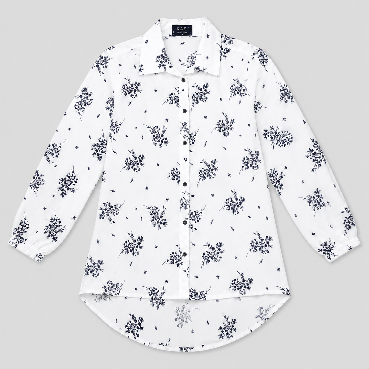 Women’s White & Navy Floral Printed Long Shirt – Full Sleeve