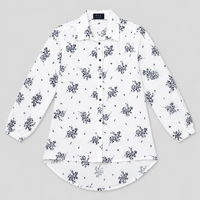 Women’s White & Navy Floral Printed Long Shirt – Full Sleeve