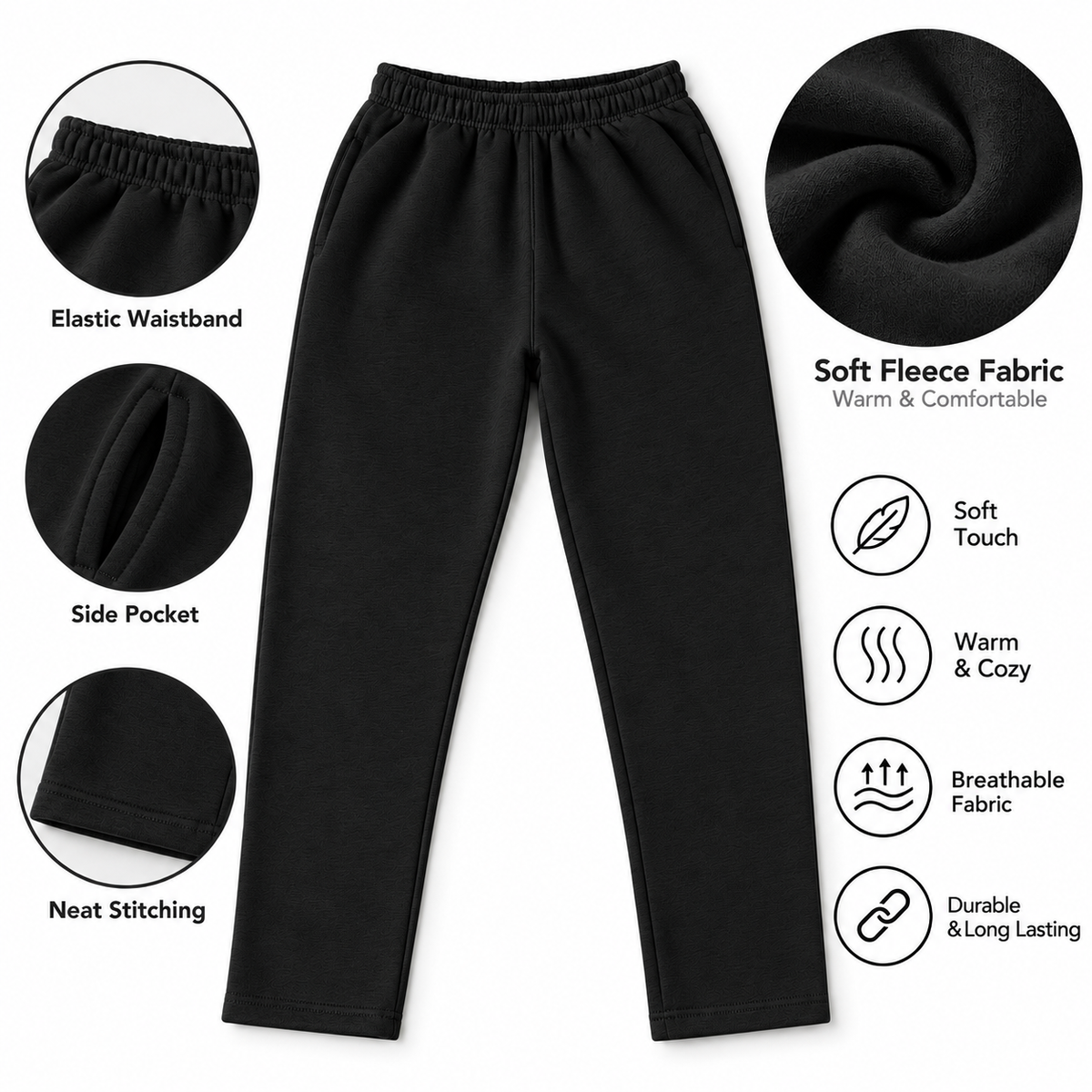 Premium Fleece Trousers for Men Soft, Warm & Comfortable Black