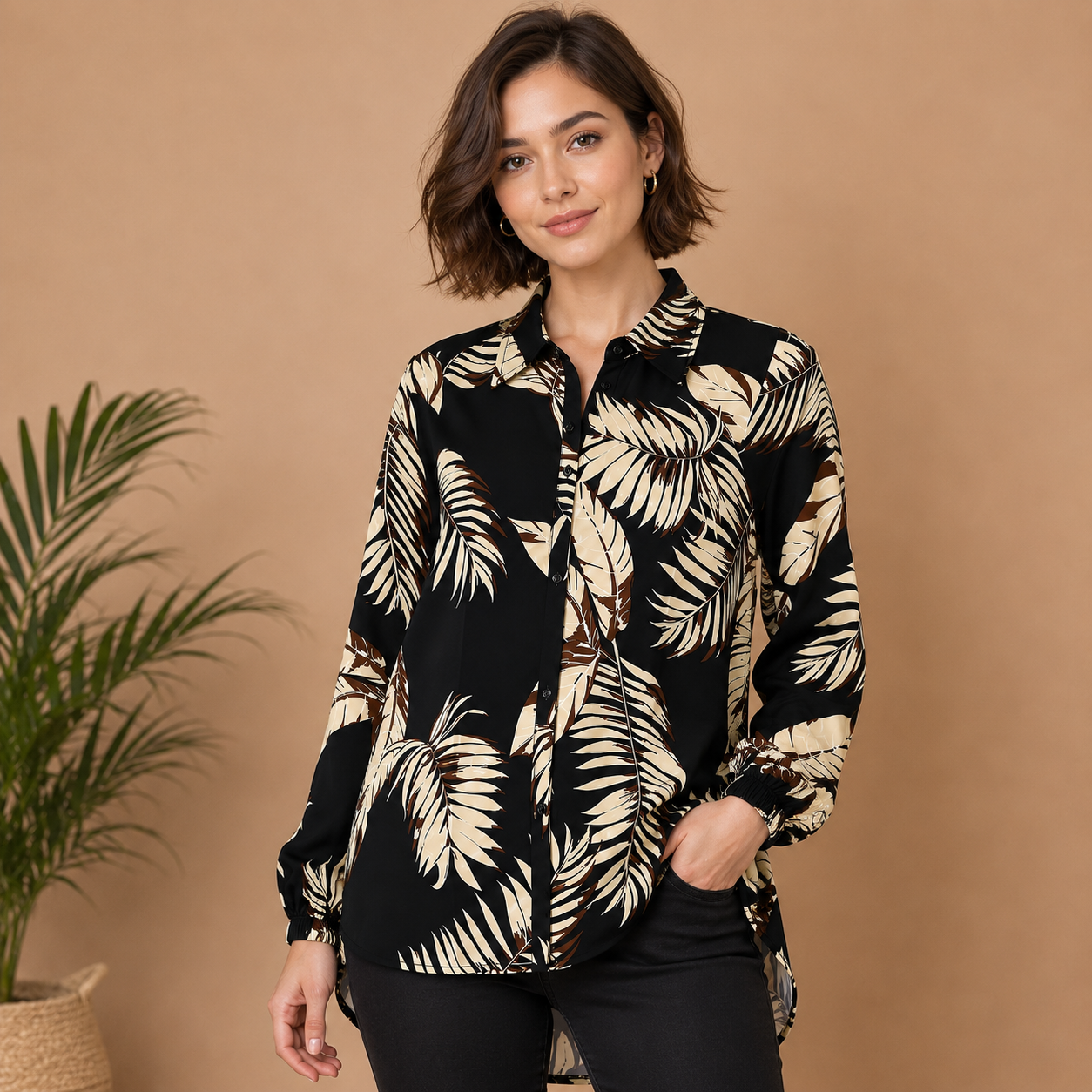 Women’s Black Tropical Leaf Printed Long Shirt – Full Sleeve