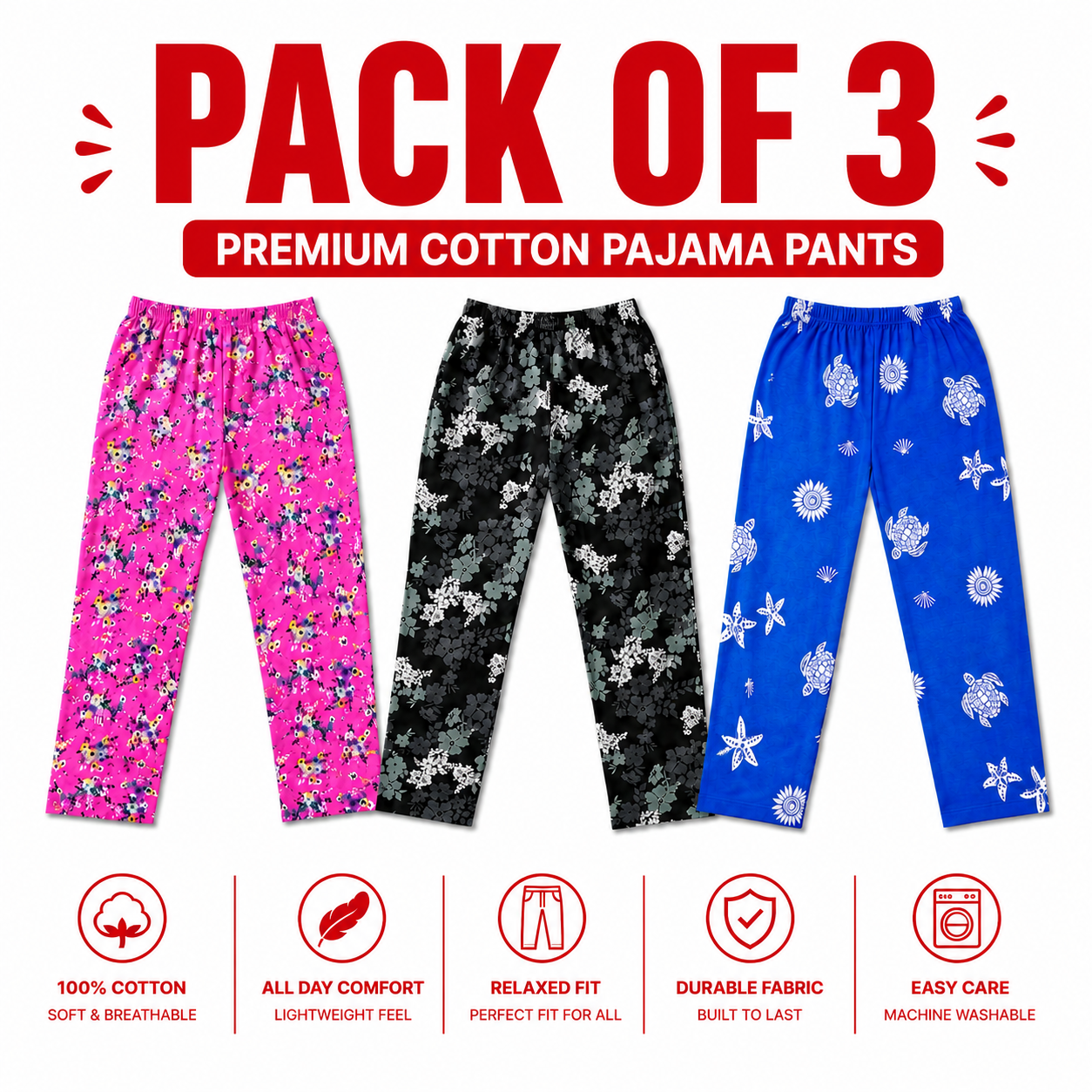Pack of 3 printed Ladies Cotton Trousers – Soft Stretch Casual Pajama Pants for Women