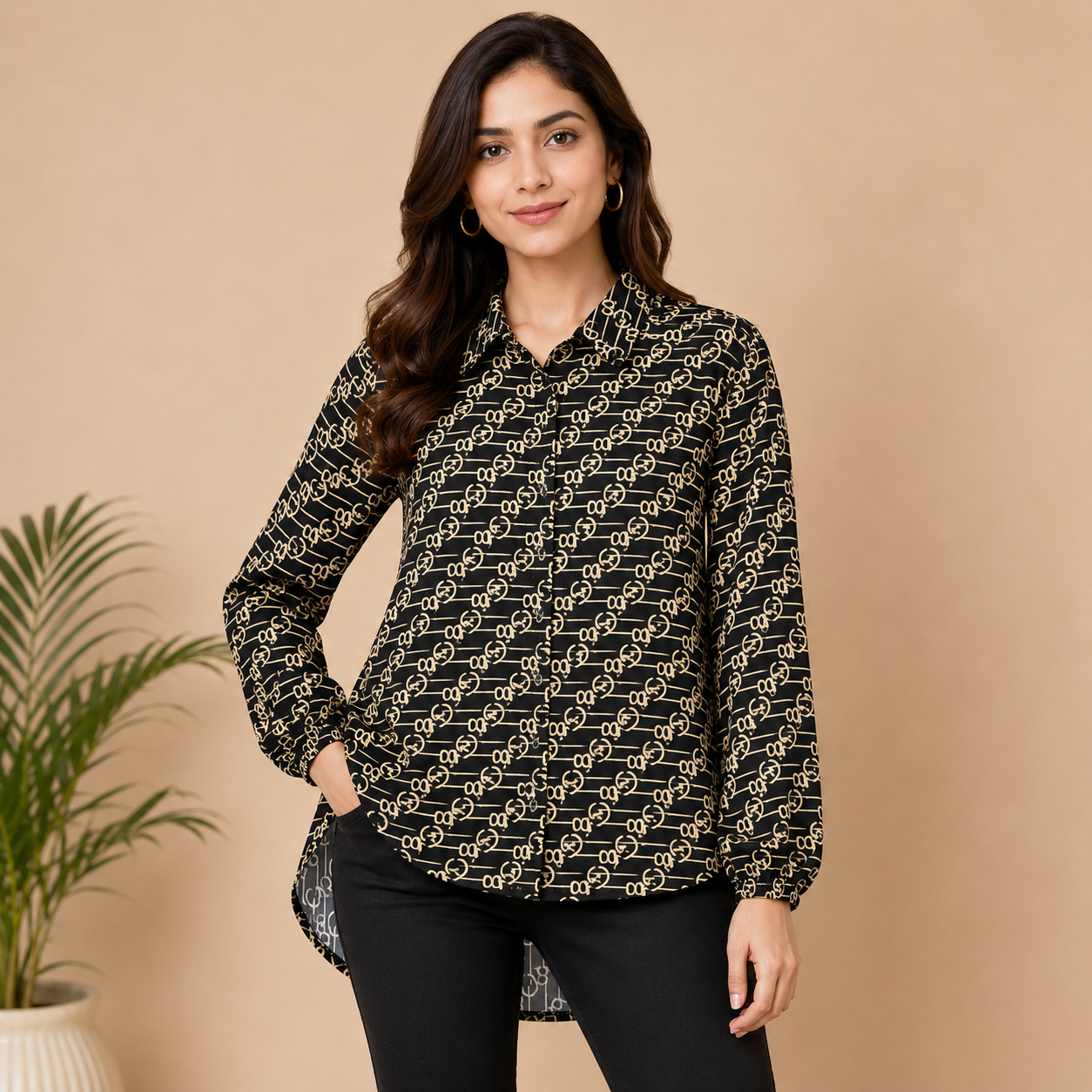 Women’s Black Printed Long Shirt – Chain Pattern Full Sleeve