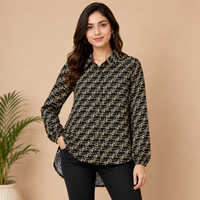 Women’s Black Printed Long Shirt – Chain Pattern Full Sleeve