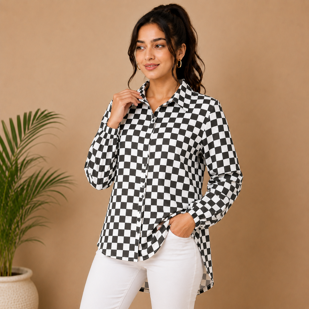 Women’s Black & White Checkered Shirt | Stylish Long Sleeve Casual Shirt
