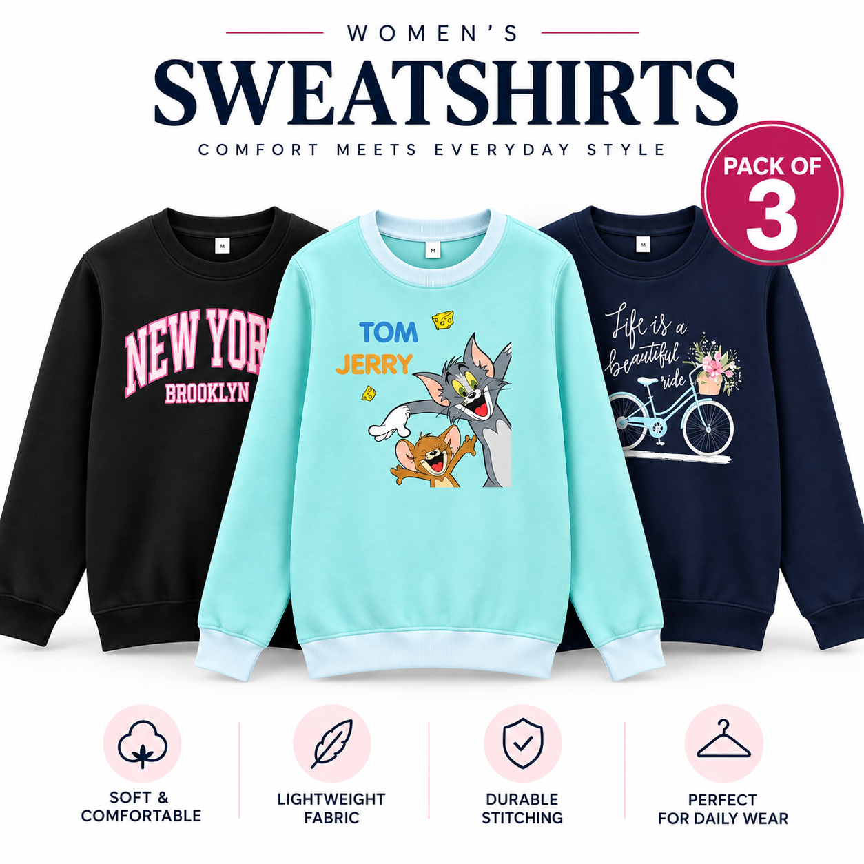 Women’s Sweatshirts Pack of 3 – Comfortable & Stylish Everyday Wear