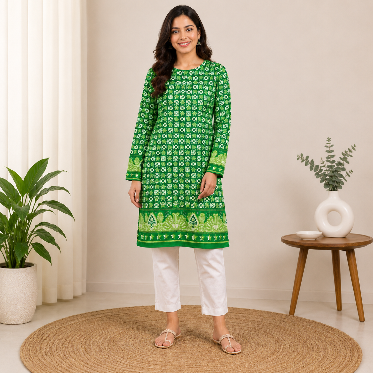 Women’s Green Crescent & Star Printed Kurti – Pakistan Independence Day Collection