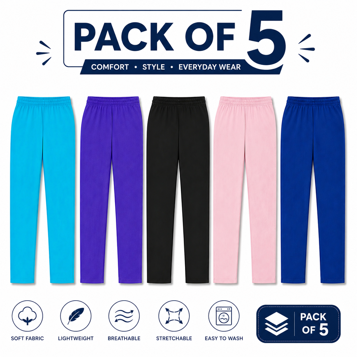 Pack of 5 Women cotton trousers  Soft Comfortable Daily Wear