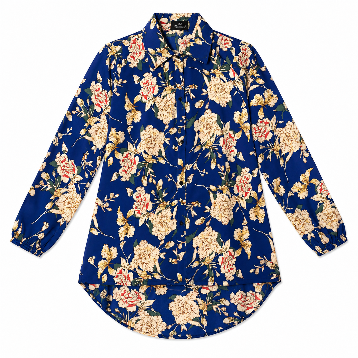 Women’s Royal Blue Floral Printed Long Shirt – Full Sleeve