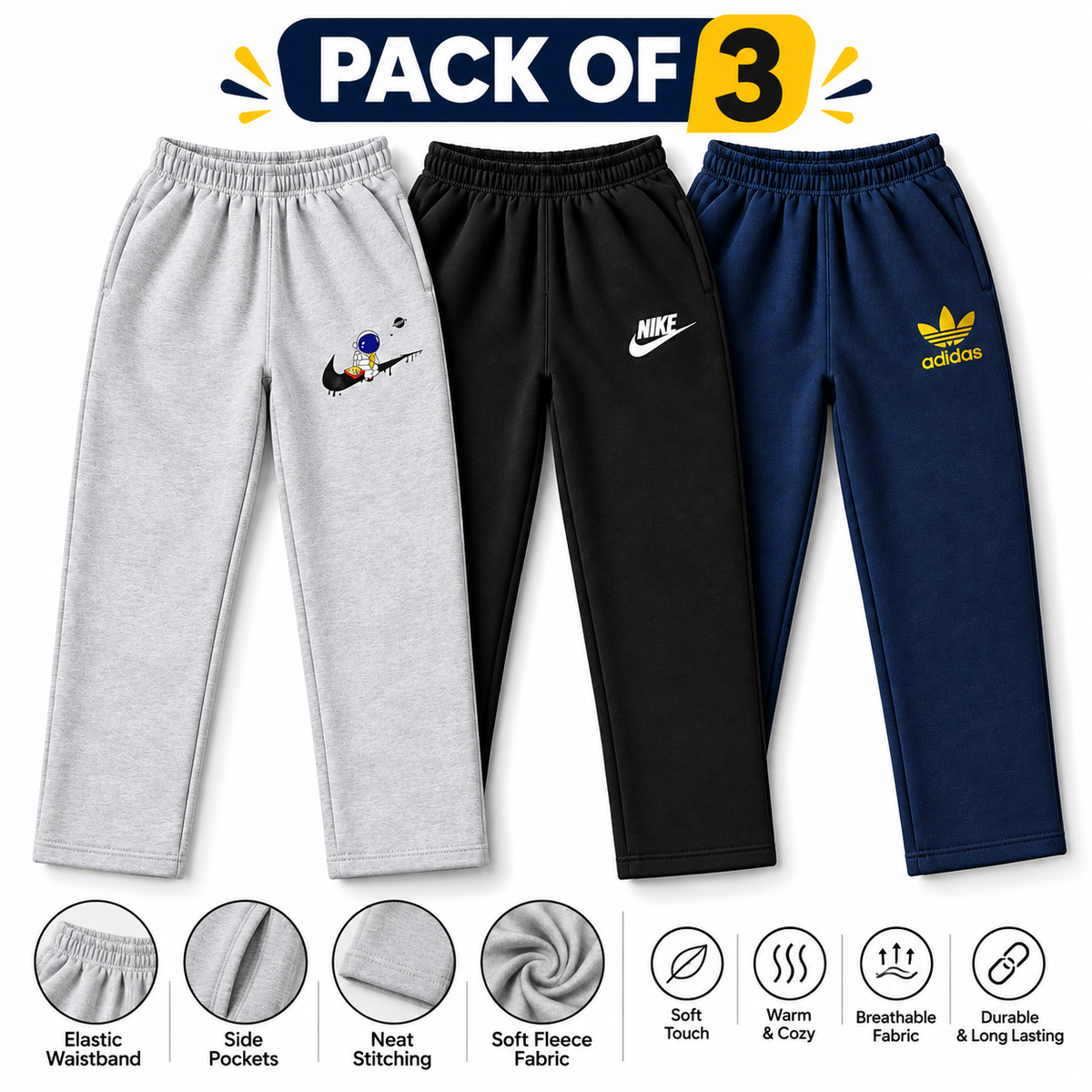 Premium Fleece Branded Trousers for Men Pack of 3 Soft, Warm & Comfortable