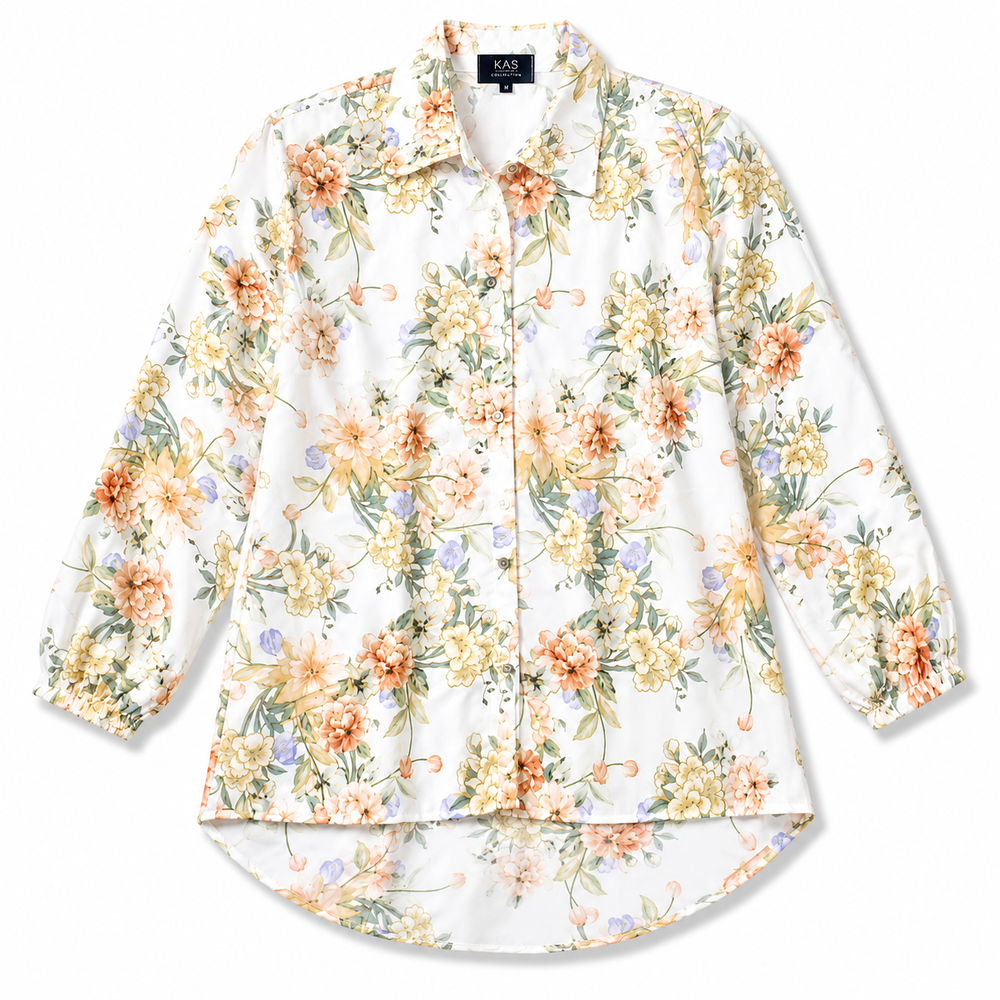 Women’s White Floral Printed Long Shirt – Full Sleeve Casual Wear