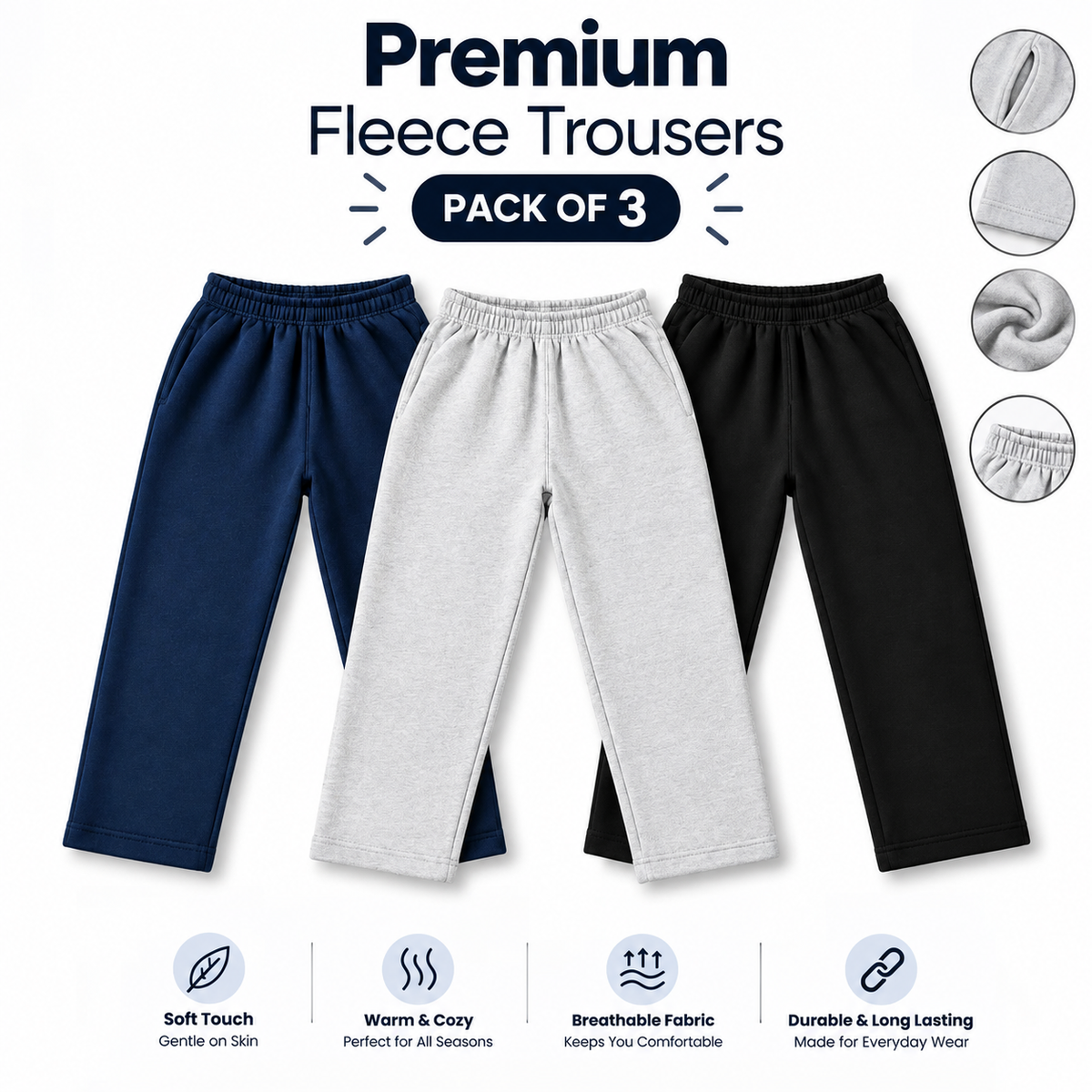Premium Fleece Trousers for Men Pack of 3 Soft, Warm & Comfortable