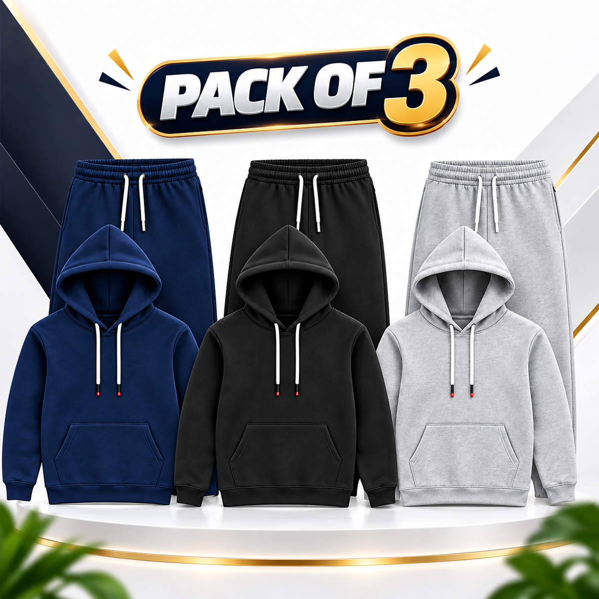 Men’s Fleece Tracksuit Pack of 3 Premium Hooded Sweatshirt & Trouser