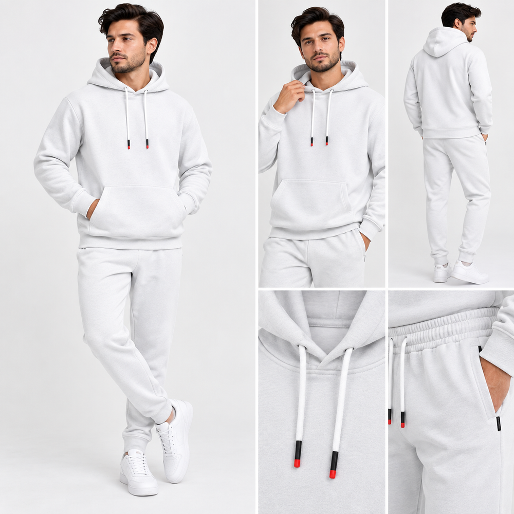 Men’s Fleece Tracksuit – Premium Hooded Sweatshirt & Trouser White