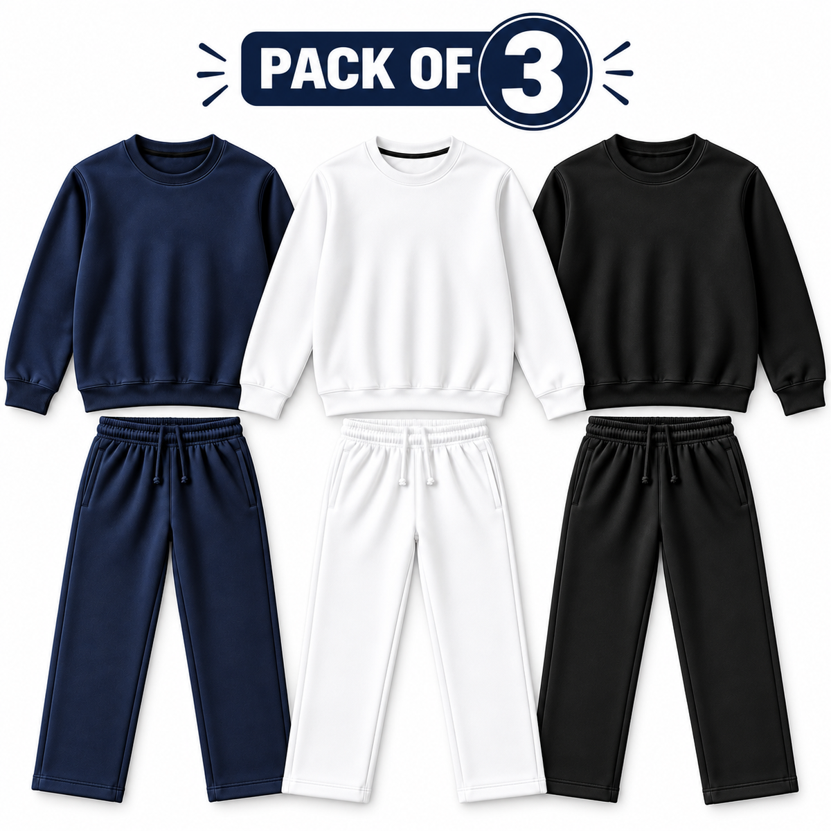Pack of 3  Round Neck Fleece Tracksuit – Navy, White & Black