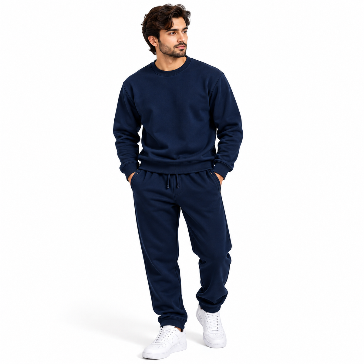 Pack of 3  Round Neck Fleece Tracksuit – Navy, White & Black