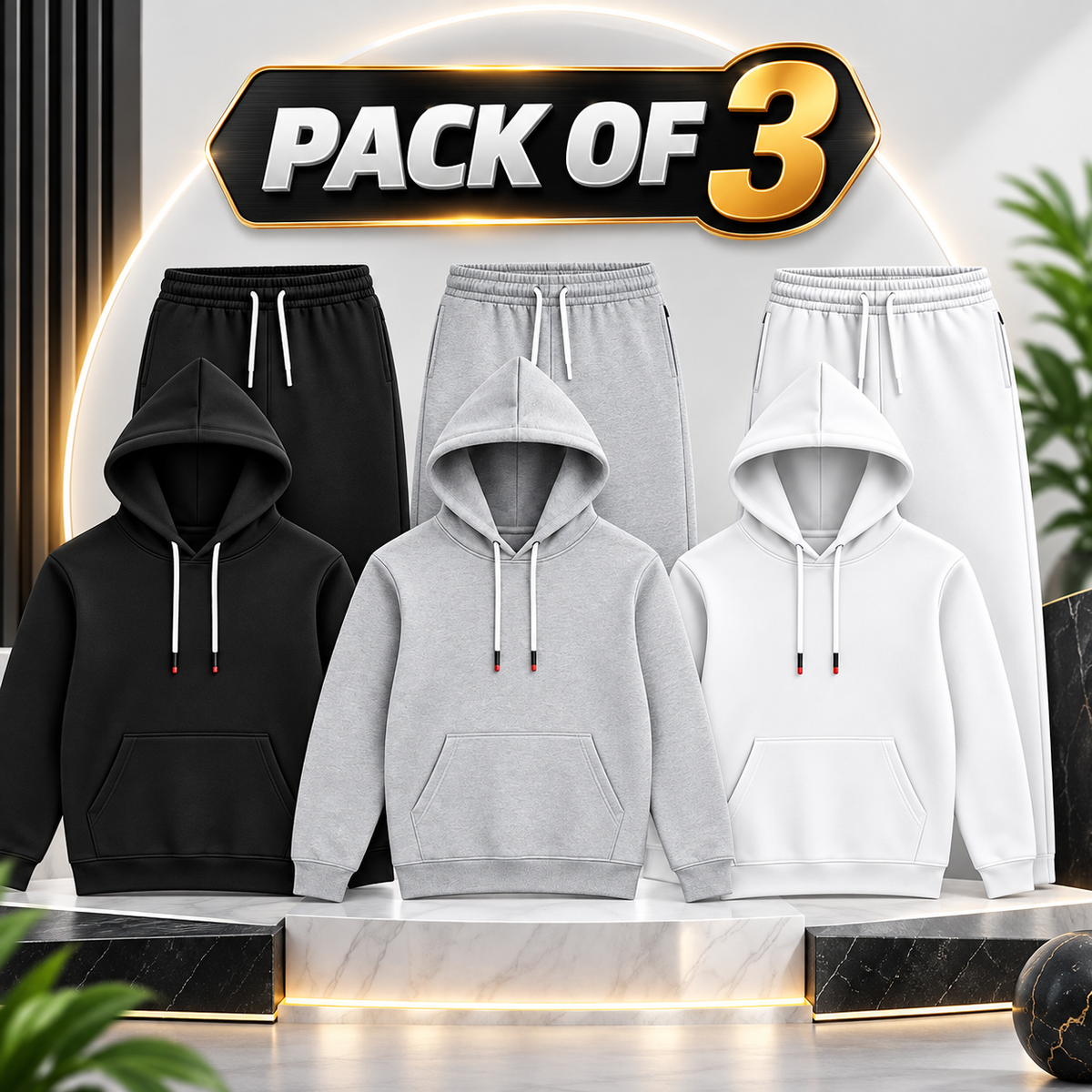 Men’s Fleece Tracksuit Pack of 3 Premium Hooded Sweatshirt & Trouser