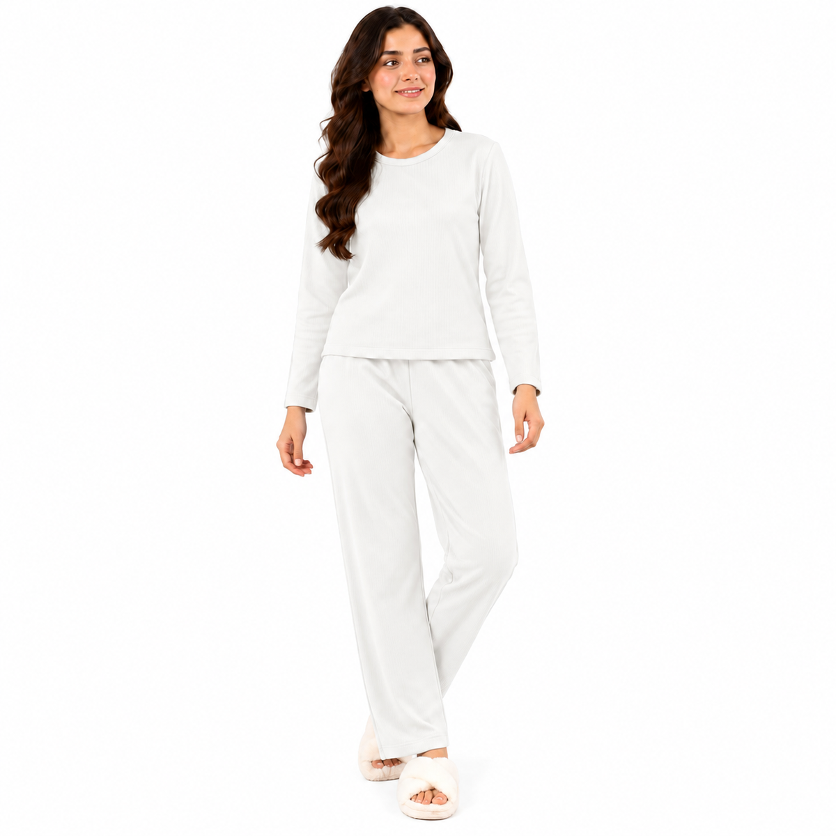 Unisex Ribbed Thermal Warmer Set Full Sleeve Shirt & Trouser White