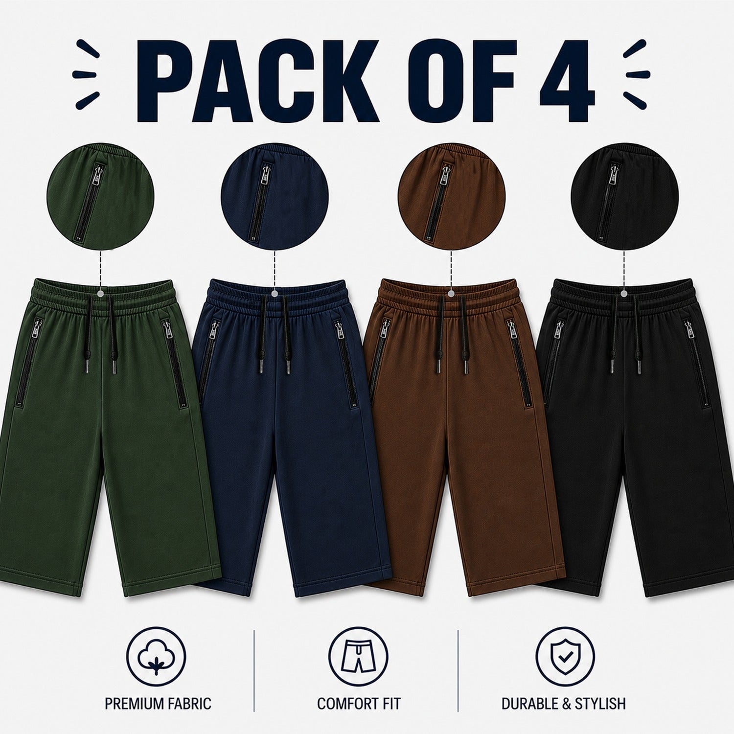 Pack of 4 Men’s Premium Summer Shorts with Zipper Pockets – Casual Gym & Daily Wear Pakistan