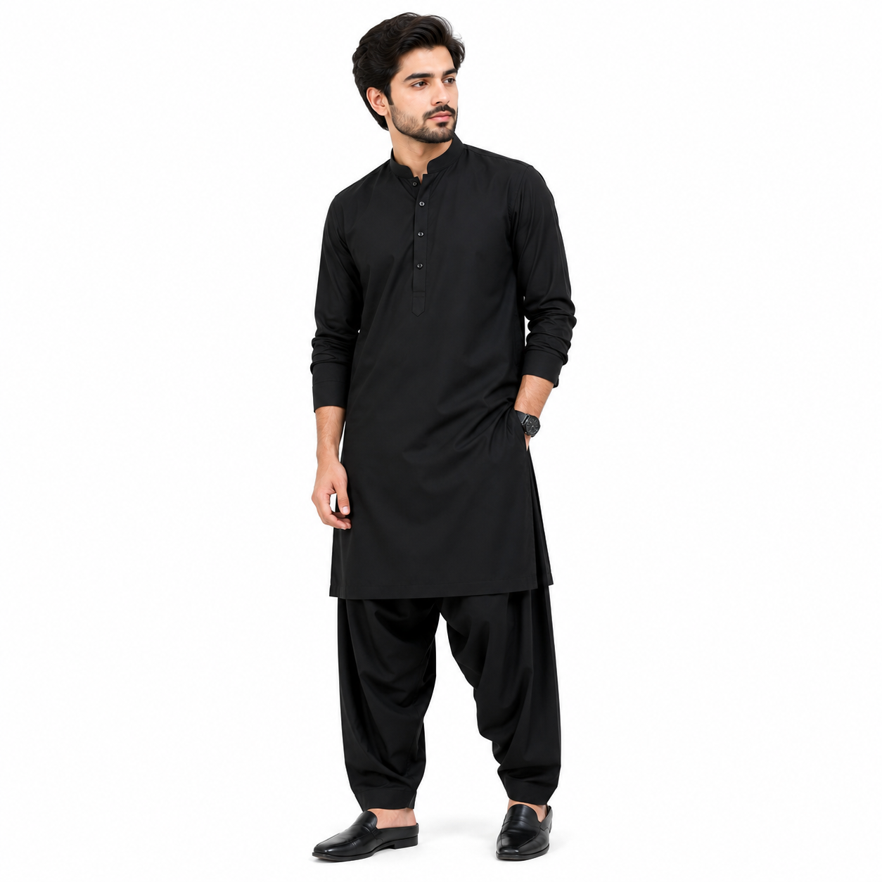 Men's Black Wash & Wear Shalwar Kameez Front View