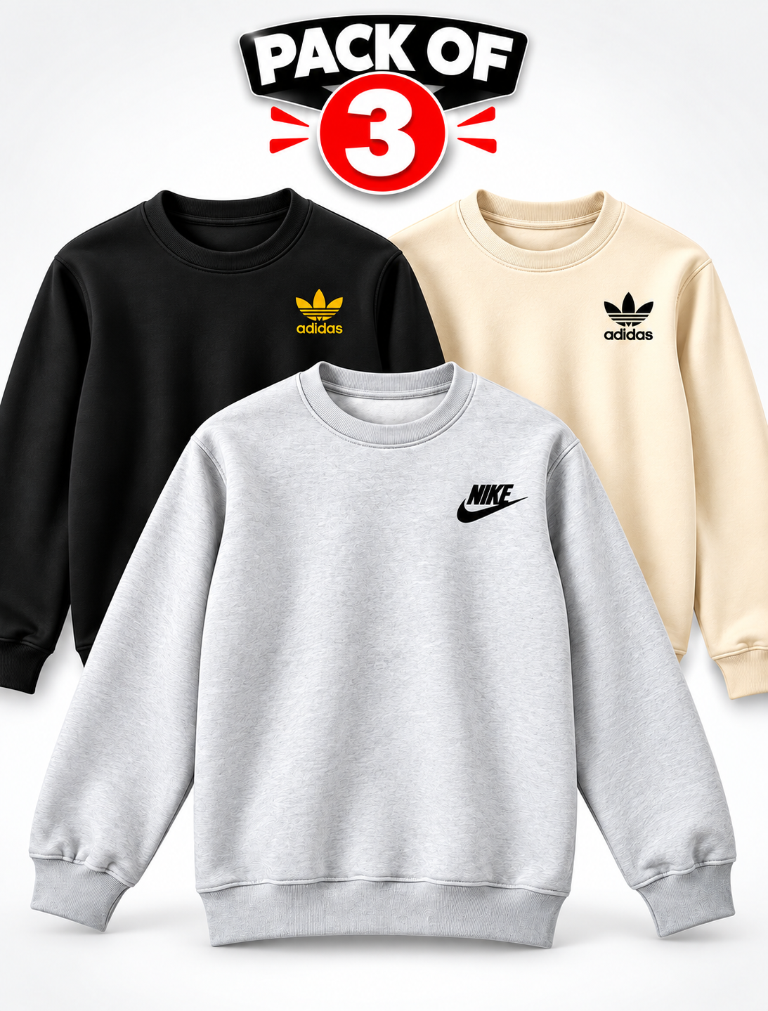 Pack of 3 Unisex Fleece Sweatshirt – Premium Full Sleeve Winter Sweatshirt