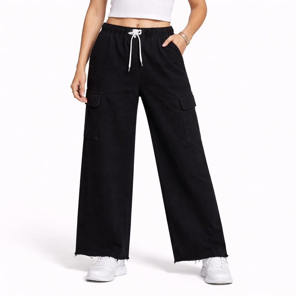Girls Wide-Leg Denim Cargo Jeans – Elastic Waist Casual Fit