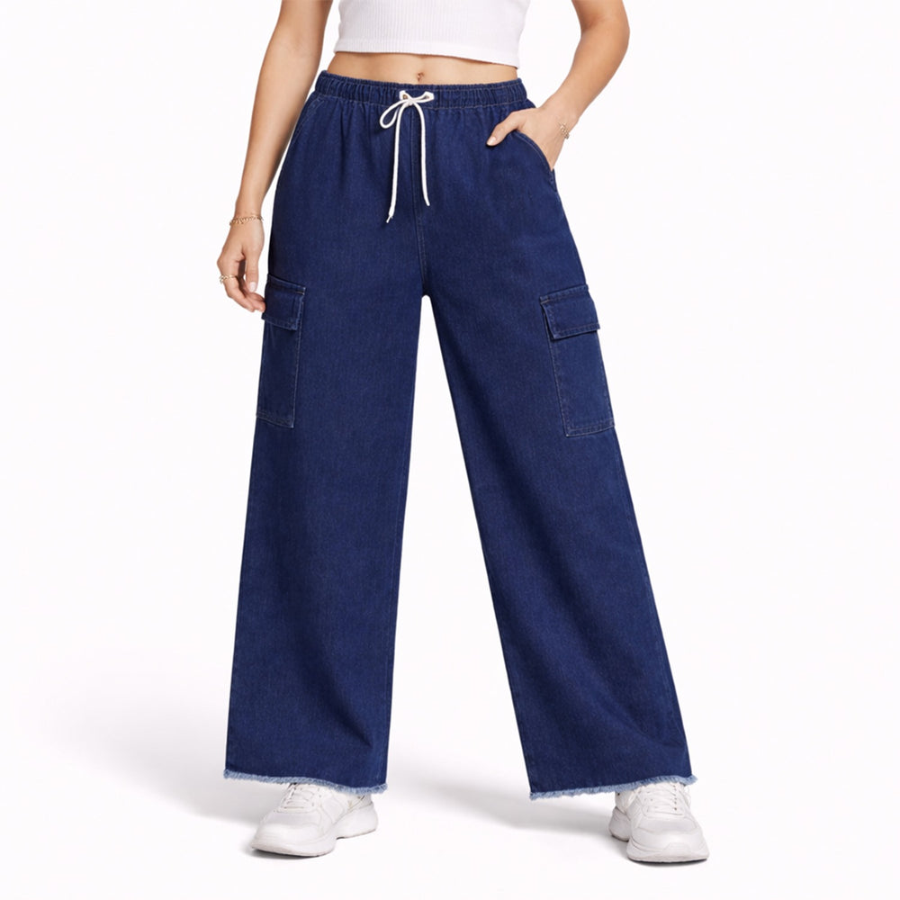 Girls Wide-Leg Denim Cargo Jeans – Elastic Waist Casual Fit