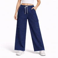 Girls Wide-Leg Denim Cargo Jeans – Elastic Waist Casual Fit