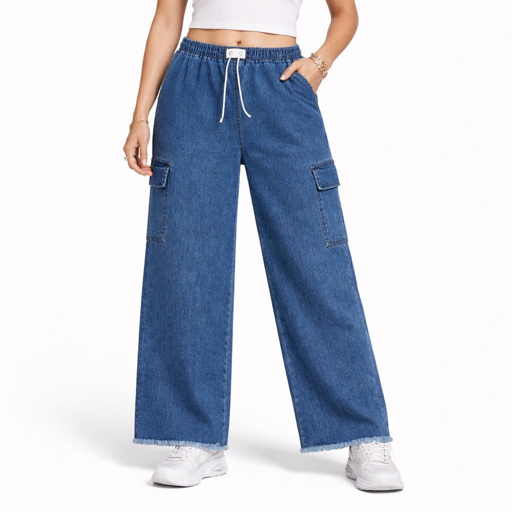 Girls Wide-Leg Denim Cargo Jeans – Elastic Waist Casual Fit