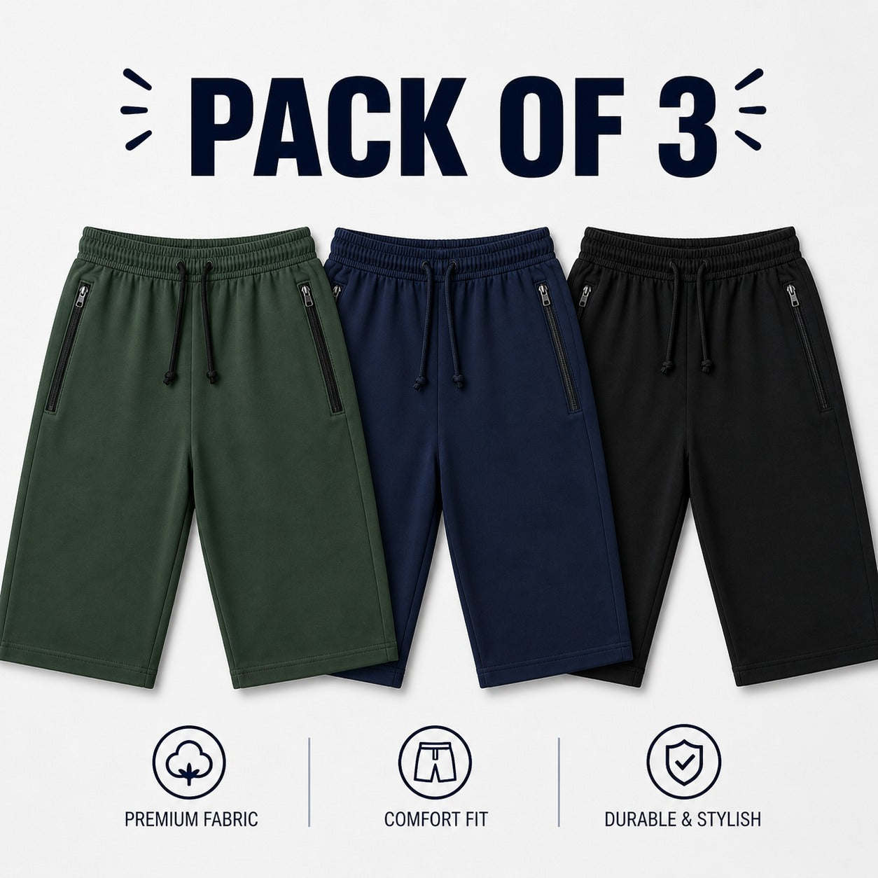 Pack of 3 Men’s Premium Summer Shorts with Zipper Pockets – Casual Gym & Daily Wear Pakistan