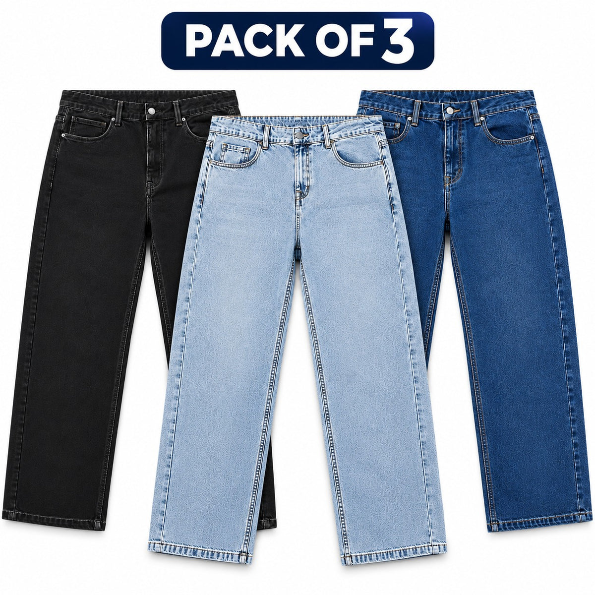 Pack of 3  Unisex Baggy Jeans – Black, Light Blue & Dark Blue