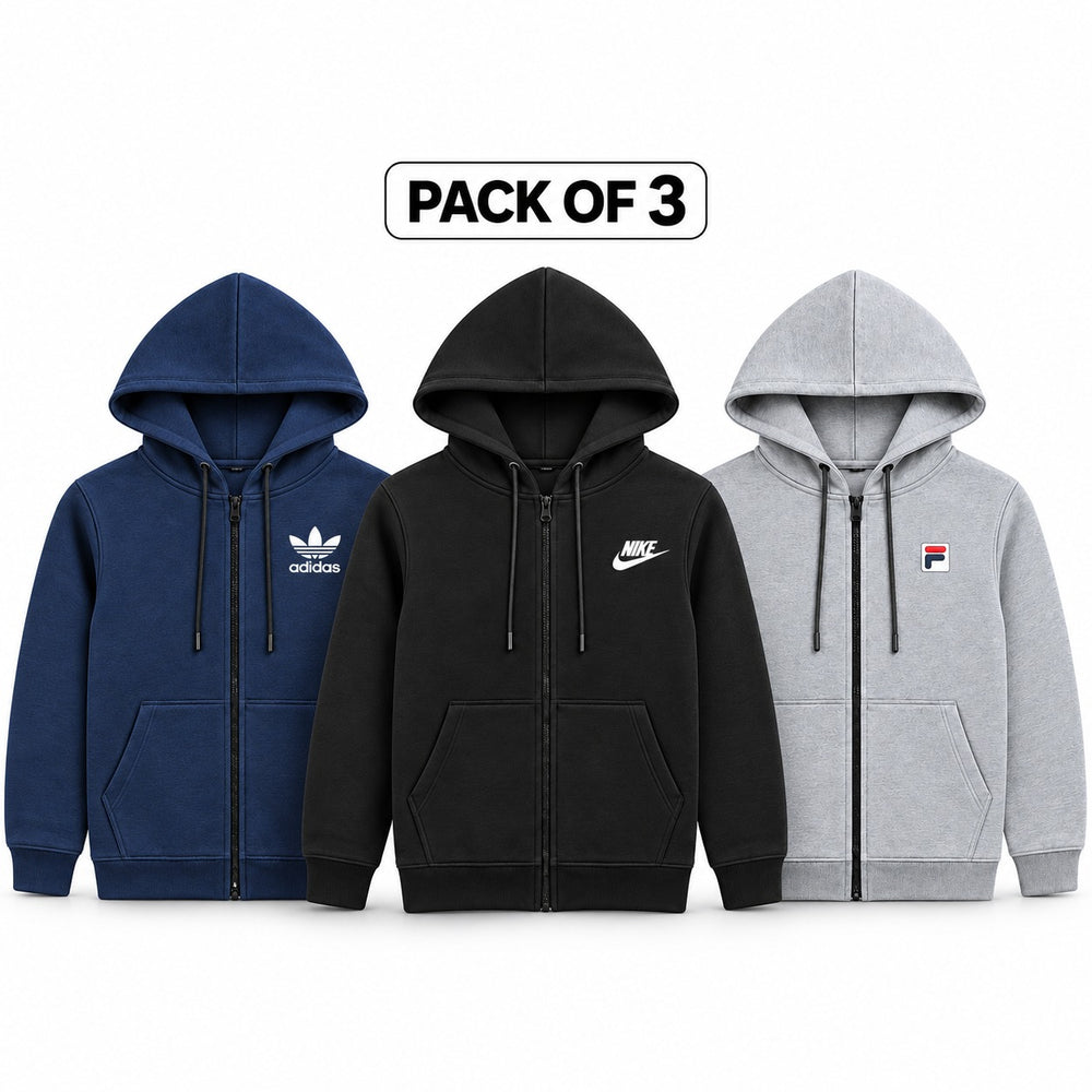 Pack of 3 Men’s Zip-Up Hooded Sweatshirts  – Navy, Black & Grey