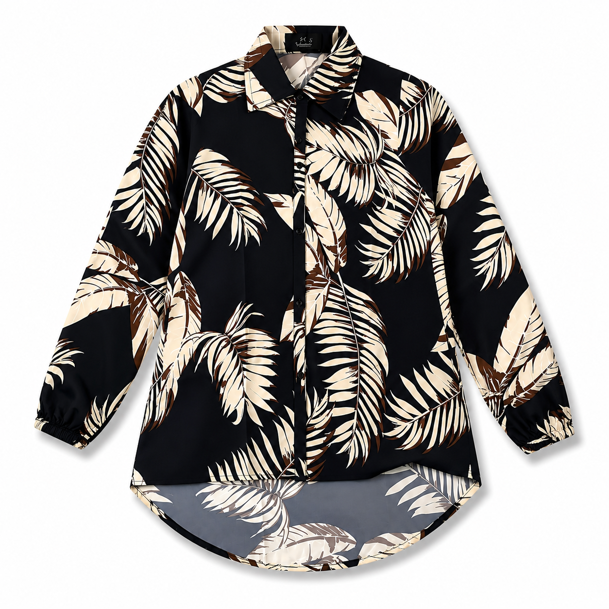 Women’s Black Tropical Leaf Printed Long Shirt – Full Sleeve