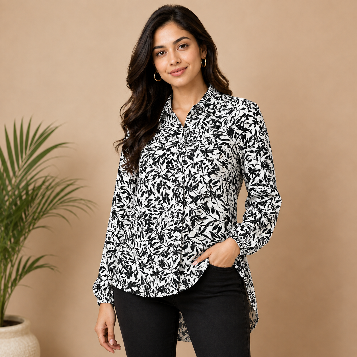 Women’s Black & White Leaf Printed Long Shirt – Full Sleeve