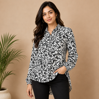 Women’s Black & White Leaf Printed Long Shirt – Full Sleeve