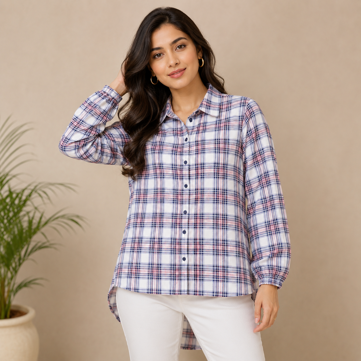Women’s Checkered Printed Long Shirt – Blue & Pink Full Sleeve