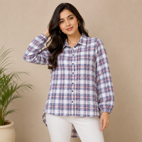 Women’s Checkered Printed Long Shirt – Blue & Pink Full Sleeve
