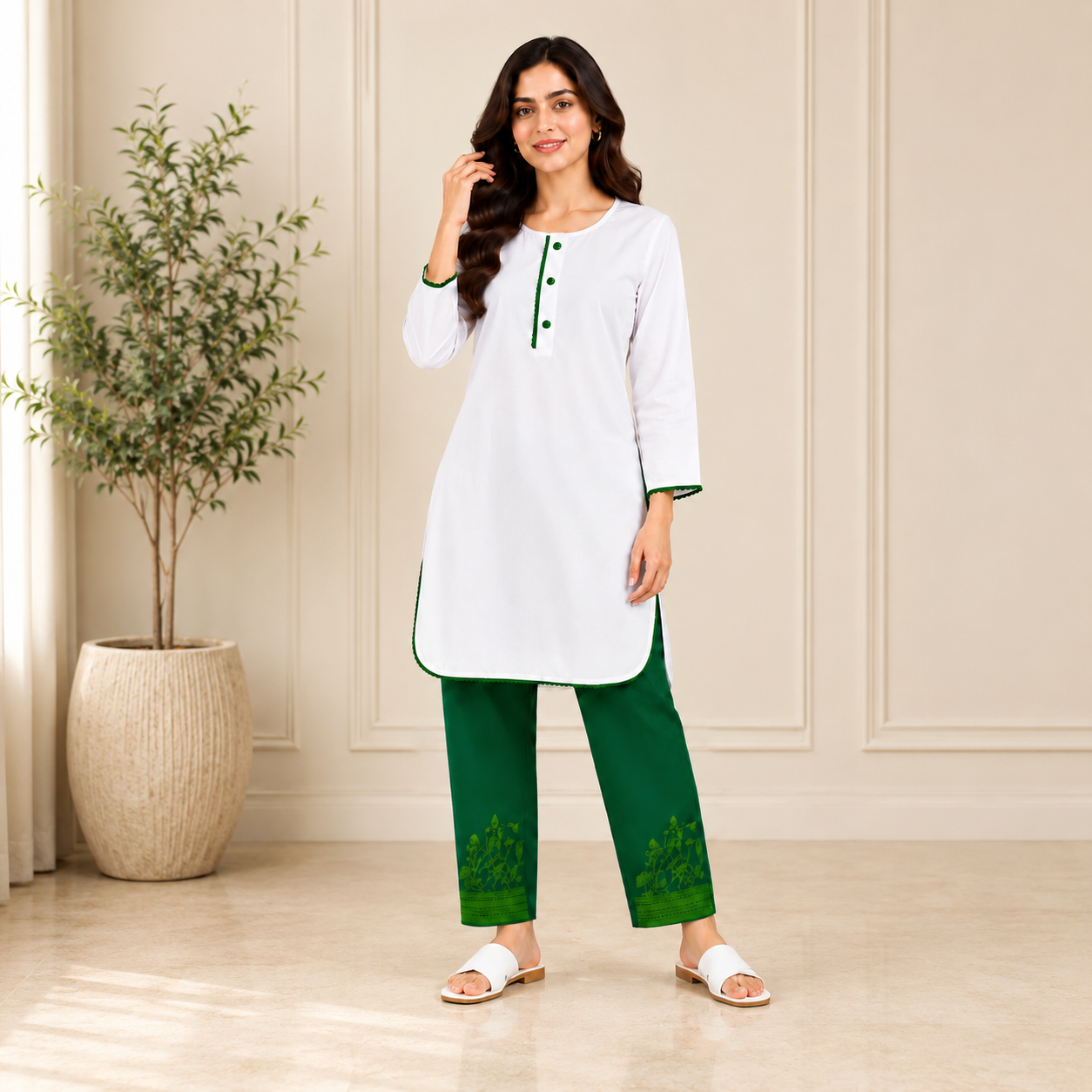 Women's White & Green Kurta Trouser Set – Elegant 2 Piece Casual Ethnic Suit